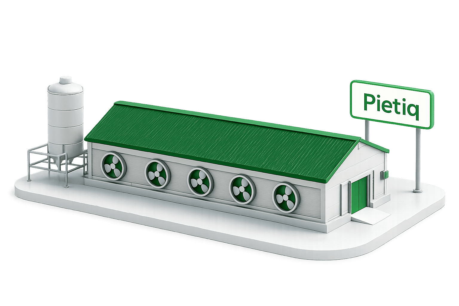 Visual kandang Pietiq dengan dashboard sensor AI, ventilasi, suhu, kelembapan, dan timbangan bobot.